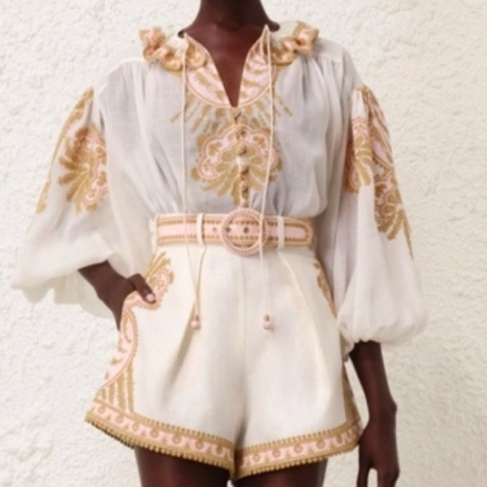 Zimmermann Cream and Gold High Waist Shorts Size 1 - Picture 3 of 4